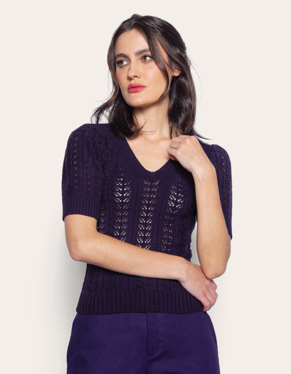 Blusa tricot rendado decote v Azul escuro