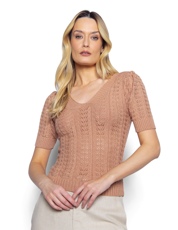 Blusa tricot rendado decote v Bege medio