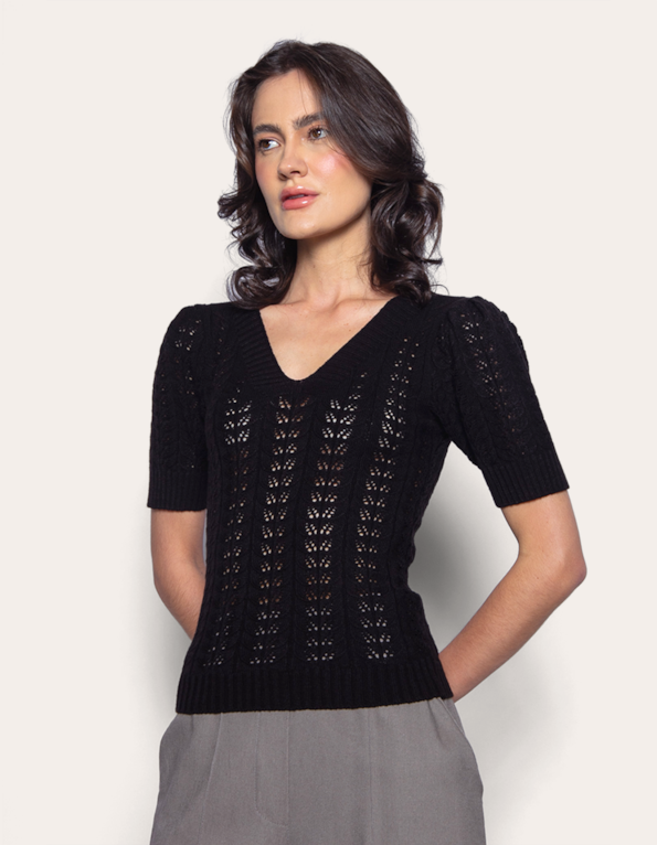 Blusa tricot rendado decote v Preto