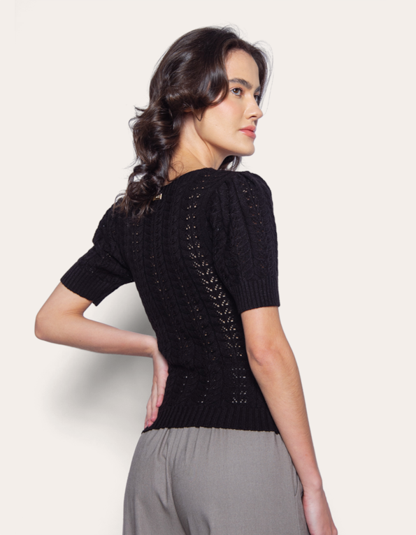 Blusa tricot rendado decote v Preto