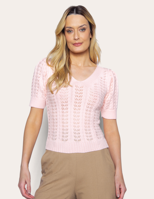 Blusa tricot rendado decote v Rosa claro