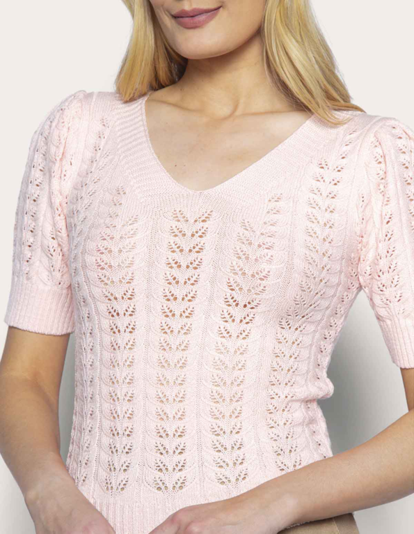 Blusa tricot rendado decote v Rosa claro