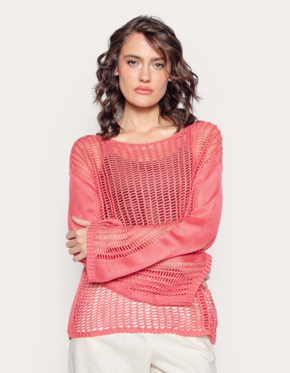 Blusa tricot tela manga longa  Sunset coral