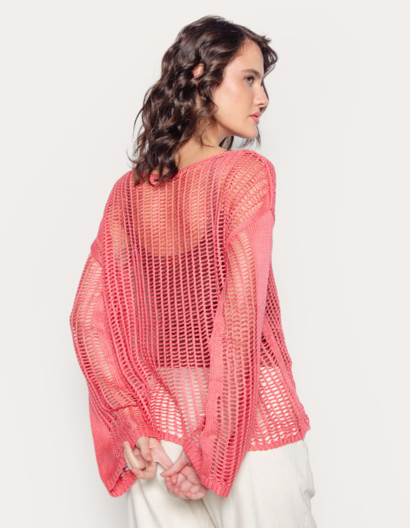 Blusa tricot tela manga longa  Sunset coral
