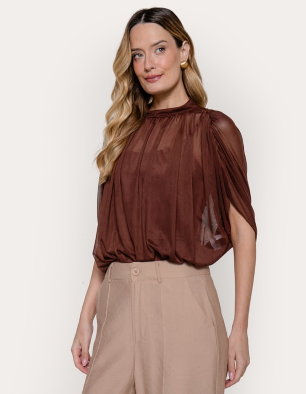 Body tule drapeado Marrom escuro