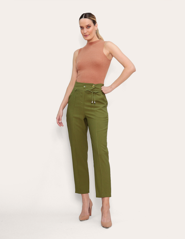Calça alfaiataria reta botões com faixa Verde militar