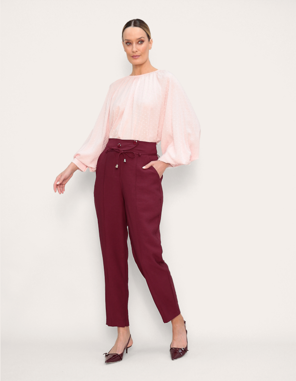 Calça alfaiataria reta botões com faixa Vermelho escuro