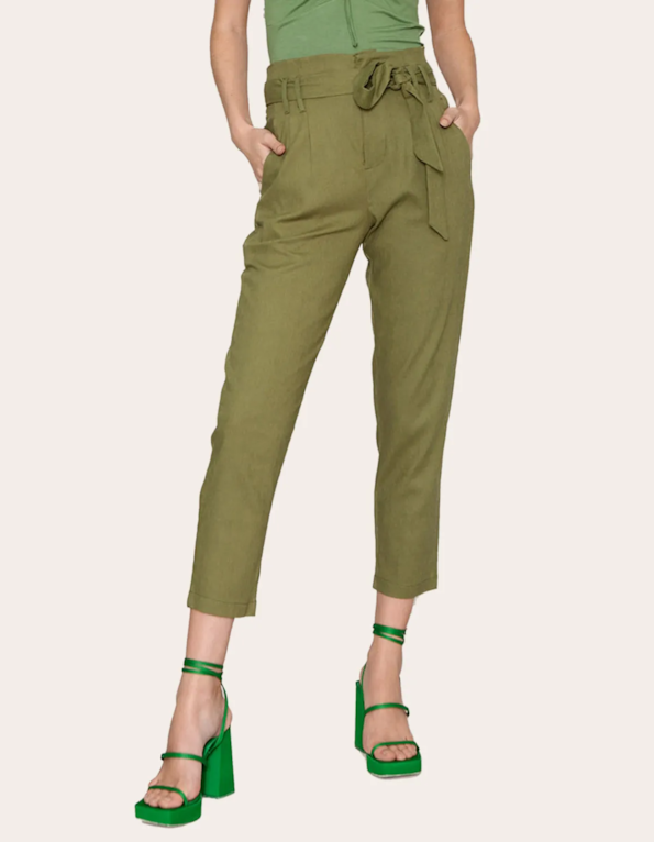 Calça cintura alta linho com faixa Oliva light