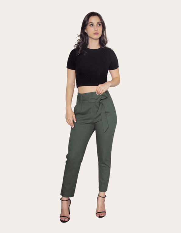 Calça cintura alta linho com faixa Verde militar