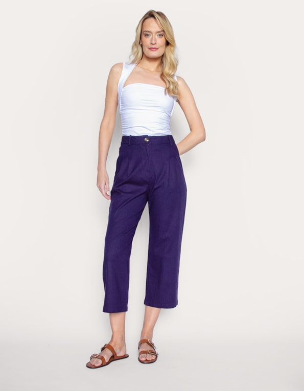 Calça pantacourt com prega linho blend Azul escuro