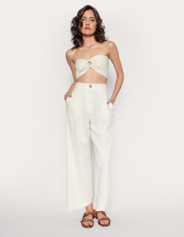 Calça pantacourt com prega linho blend Bege claro