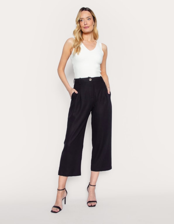 Calça pantacourt com prega linho blend Preto