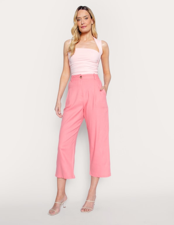 Calça pantacourt com prega linho blend Rosa