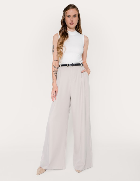 Calça pantalona alfaiataria com cinto Bege claro