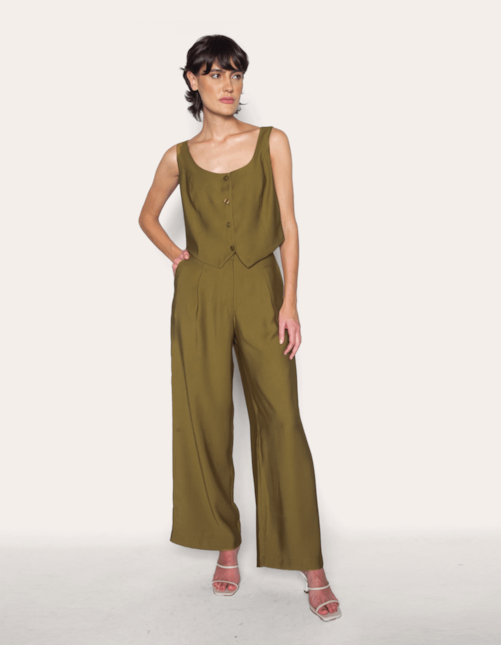 Calça pantalona alfaiataria com prega Oliva