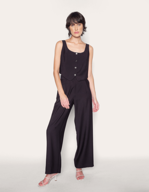 Calça pantalona alfaiataria com prega Preto