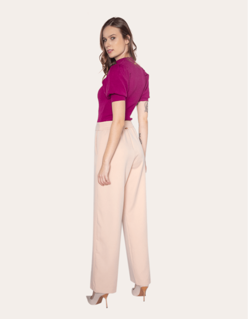 Calça pantalona alfaiataria cós elástico Bege medio