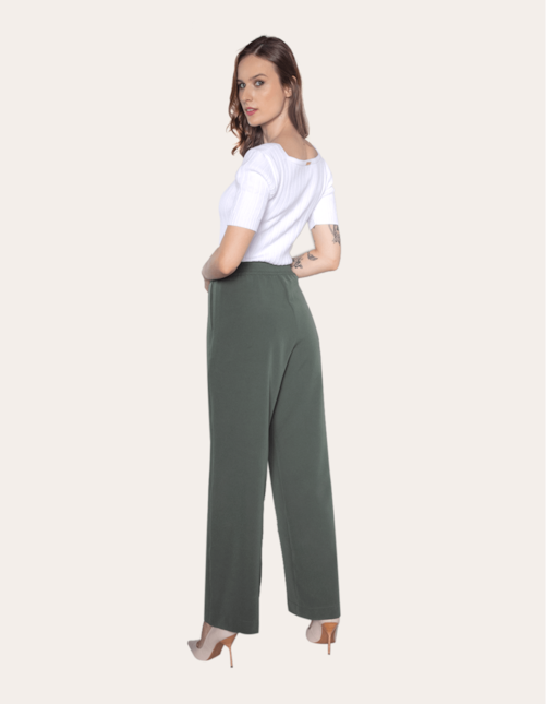 Calça pantalona alfaiataria cós elástico Verde militar