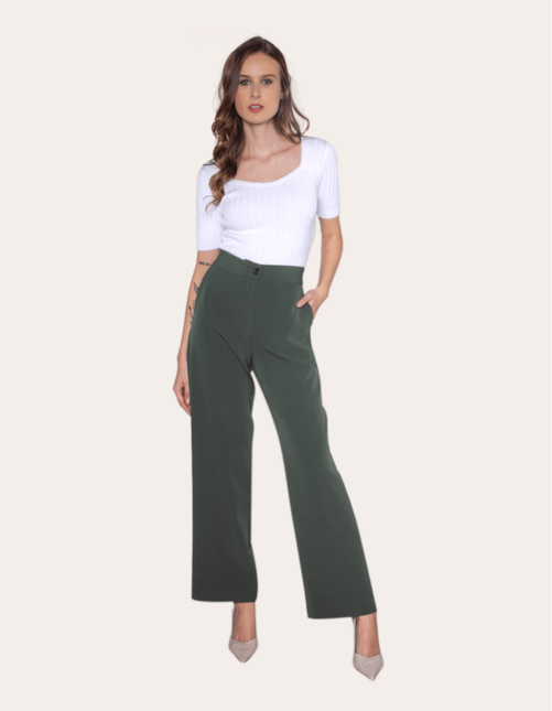 Calça pantalona alfaiataria cós elástico Verde militar