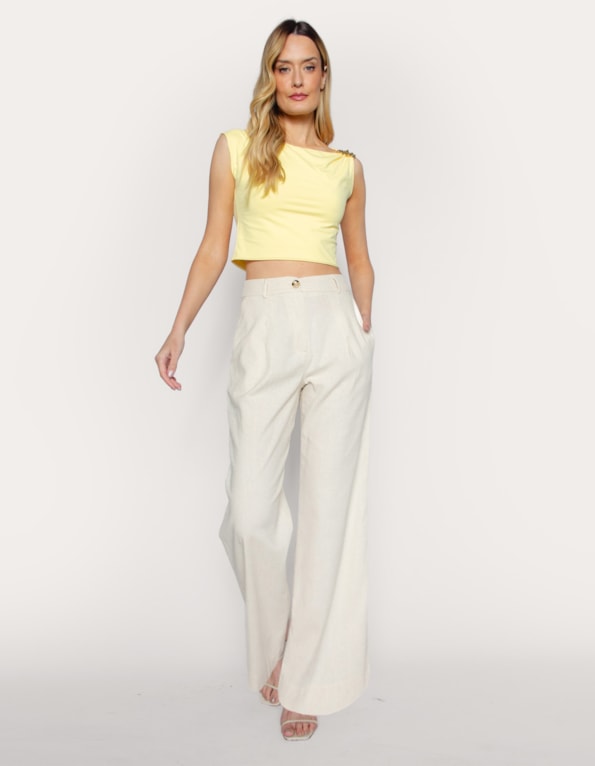 Calca pantalona alfaiataria linho blend Bege claro