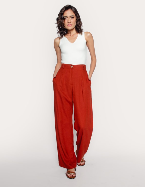 Calca pantalona alfaiataria linho blend Marrom medio