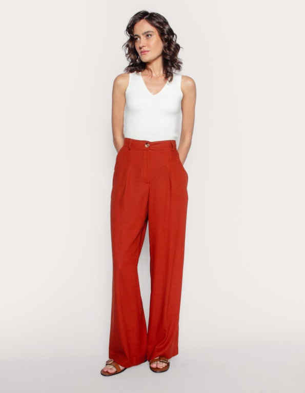 Calca pantalona alfaiataria linho blend Marrom medio