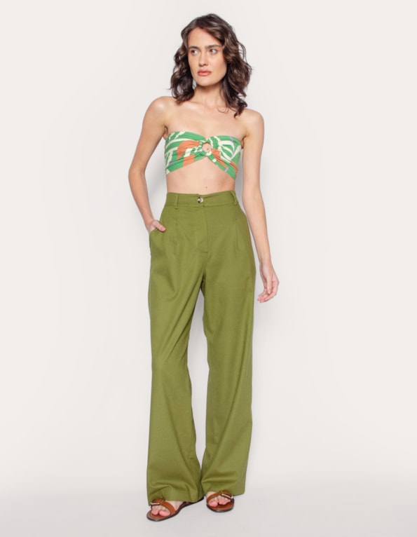 Calca pantalona alfaiataria linho blend Oliva escuro