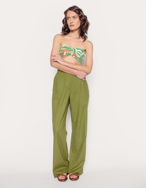 Calca pantalona alfaiataria linho blend Oliva escuro
