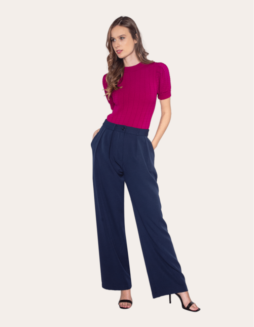 Calça pantalona alfaiataria prega dupla Marinho