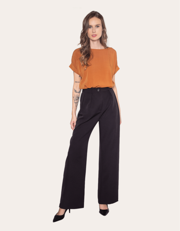 Calça pantalona alfaiataria prega dupla Preto