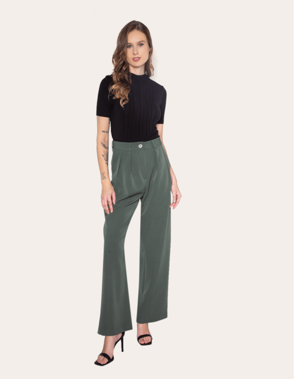 Calça pantalona alfaiataria prega dupla Verde militar