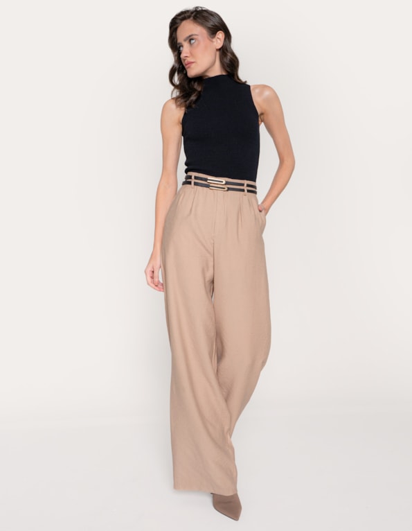 Calça pantalona cinto duplo Bege medio