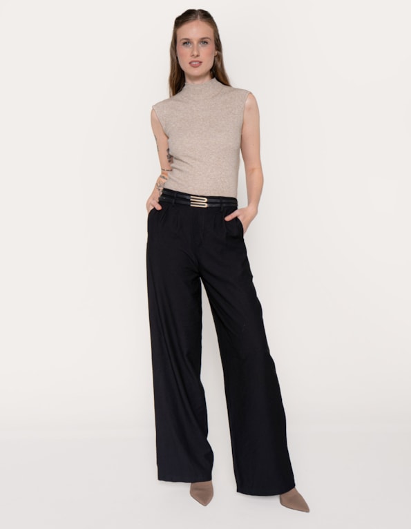 Calça pantalona cinto duplo Preto