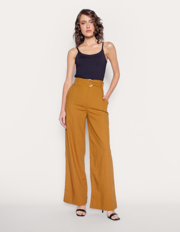 Calça pantalona cinto meia argola Bege medio