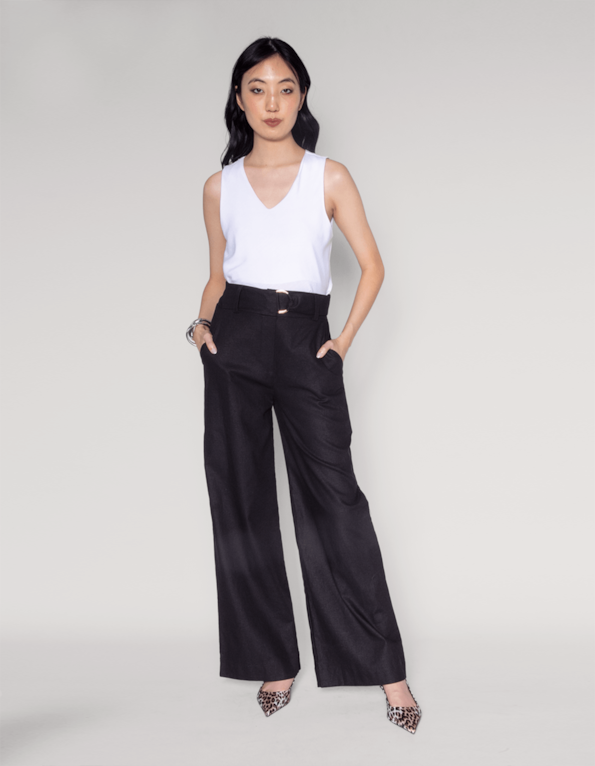 Calça pantalona cinto meia argola Preto
