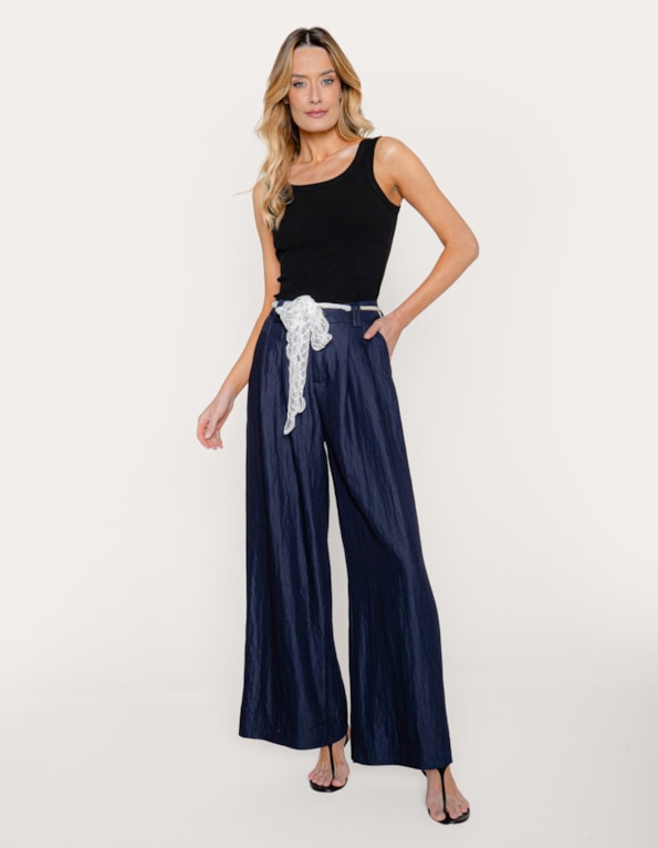 Calça pantalona cinto renda Azul escuro