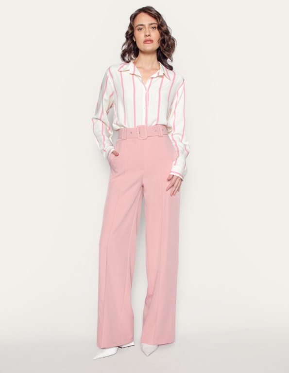 Calça pantalona com cinto e friso frontal Rosa claro
