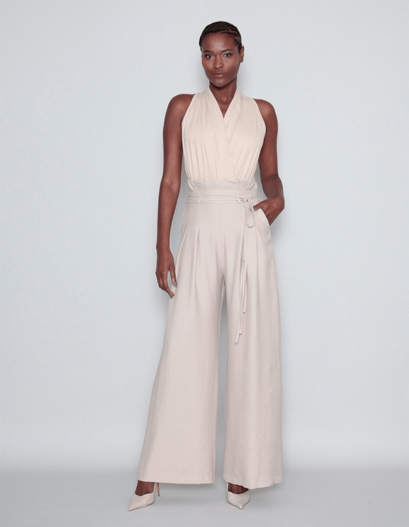 Calça pantalona com pregas Areia