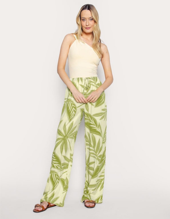 Calça pantalona de amarrar estampada