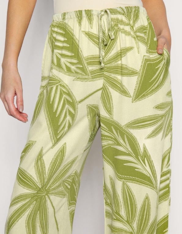 Calça pantalona de amarrar estampada Oliva claro/amarelo claro