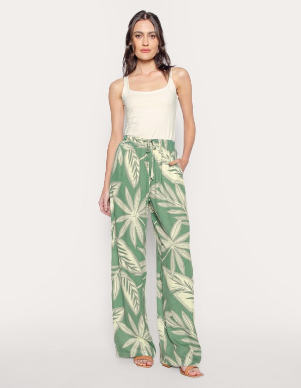 Calça pantalona de amarrar estampada Verde/amarelo claro