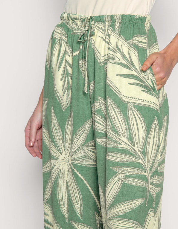 Calça pantalona de amarrar estampada Verde/amarelo claro