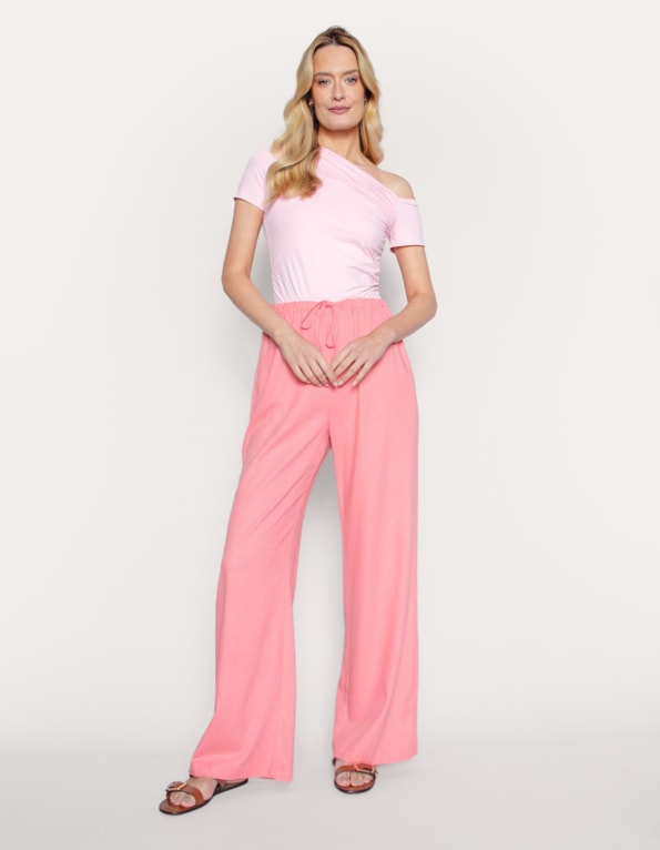 Calça pantalona de amarrar linho blend