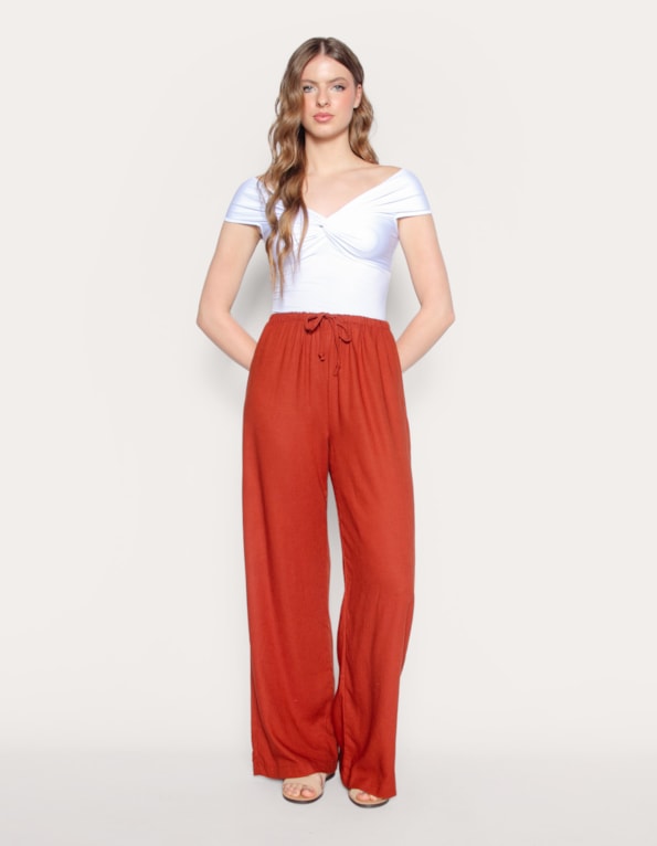Calça pantalona de amarrar linho blend