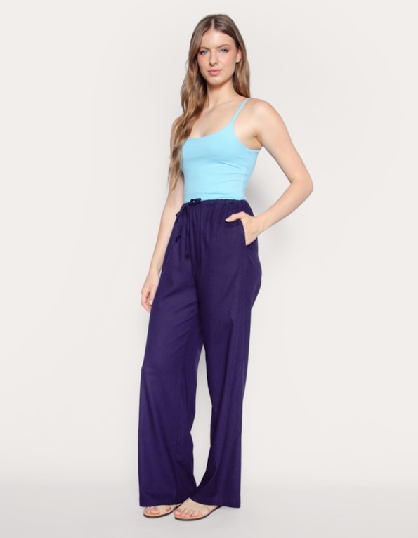 Calça pantalona de amarrar linho blend Azul escuro