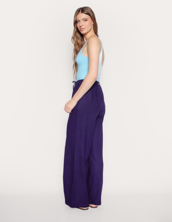Calça pantalona de amarrar linho blend Azul escuro