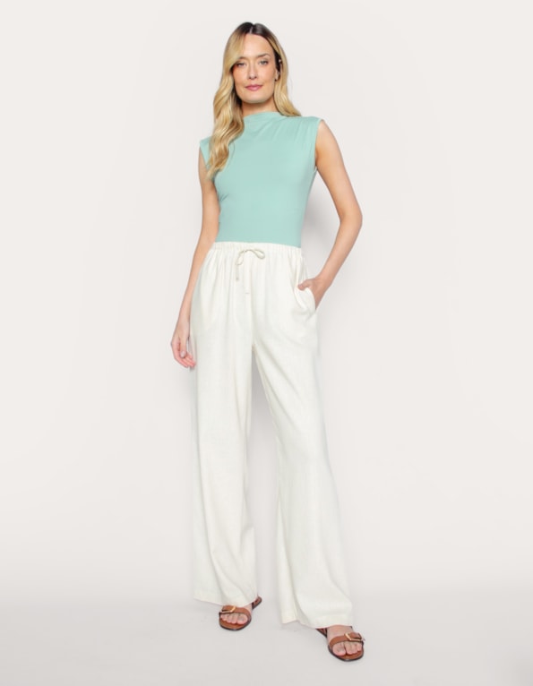 Calça pantalona de amarrar linho blend Bege claro
