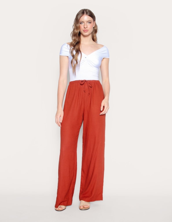 Calça pantalona de amarrar linho blend Marrom medio