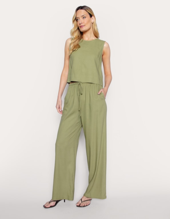 Calça pantalona de amarrar linho blend Oliva claro