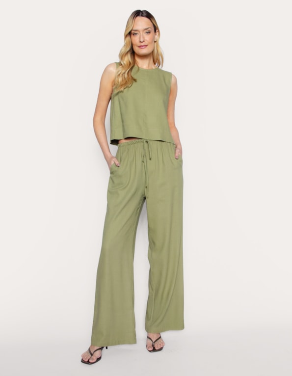 Calça pantalona de amarrar linho blend Oliva claro